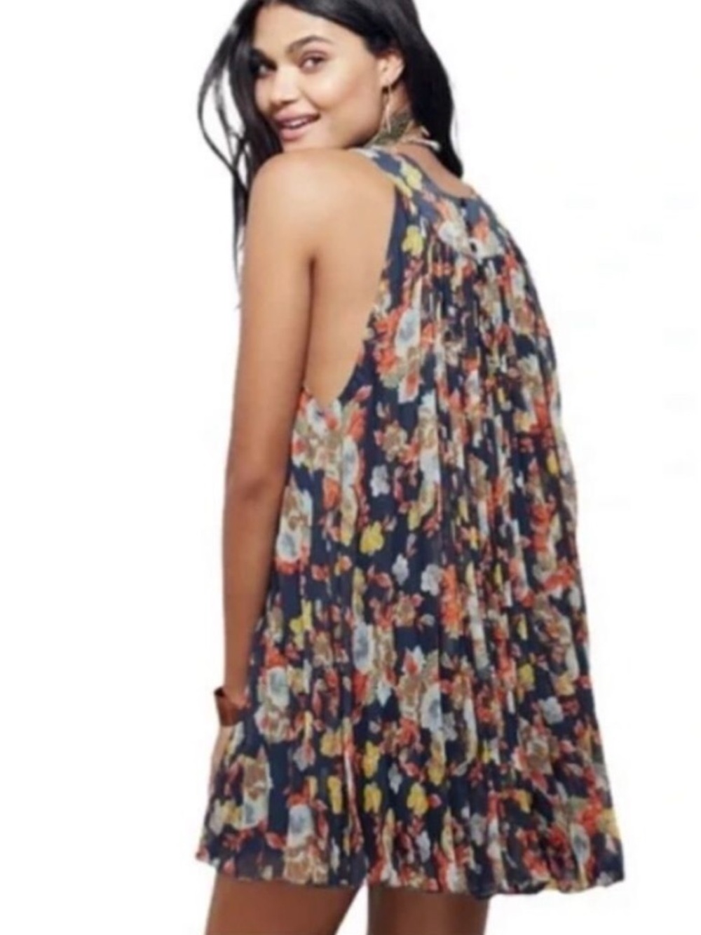 Free People Floral Pleated Halter Mini Dress - Navy Multi - Picture 2 of 6
